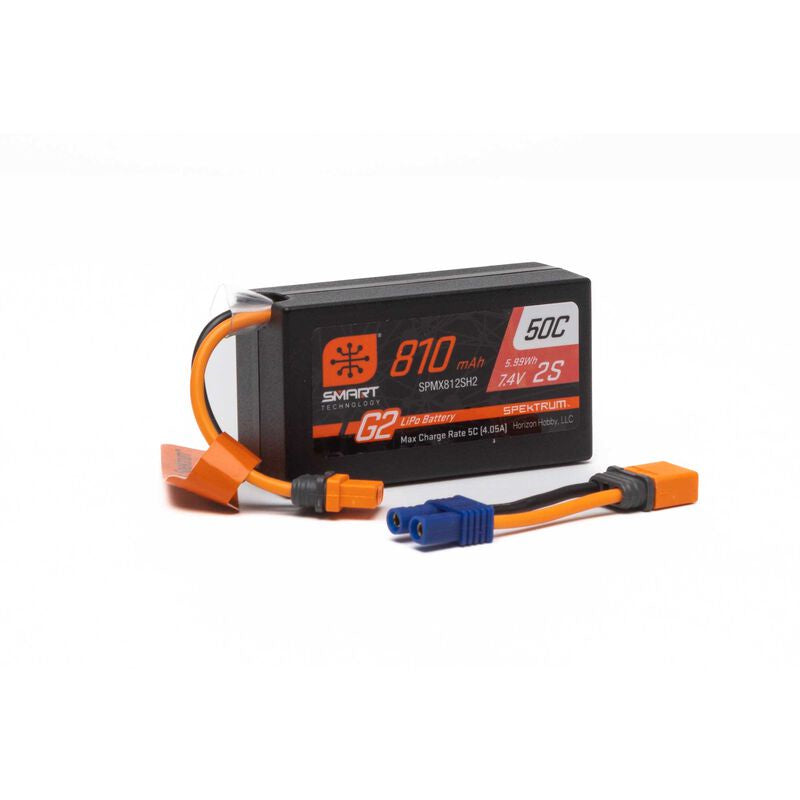 Spektrum 810mAh 2S 7.4V Smart G2 50C LiPo; IC2 and EC2 Adapter Fits Mini LMT, UTB18 Capra, Mini T 2.0, JRX2, JRXT, Mini Drag Replaces (DYNB825H2)